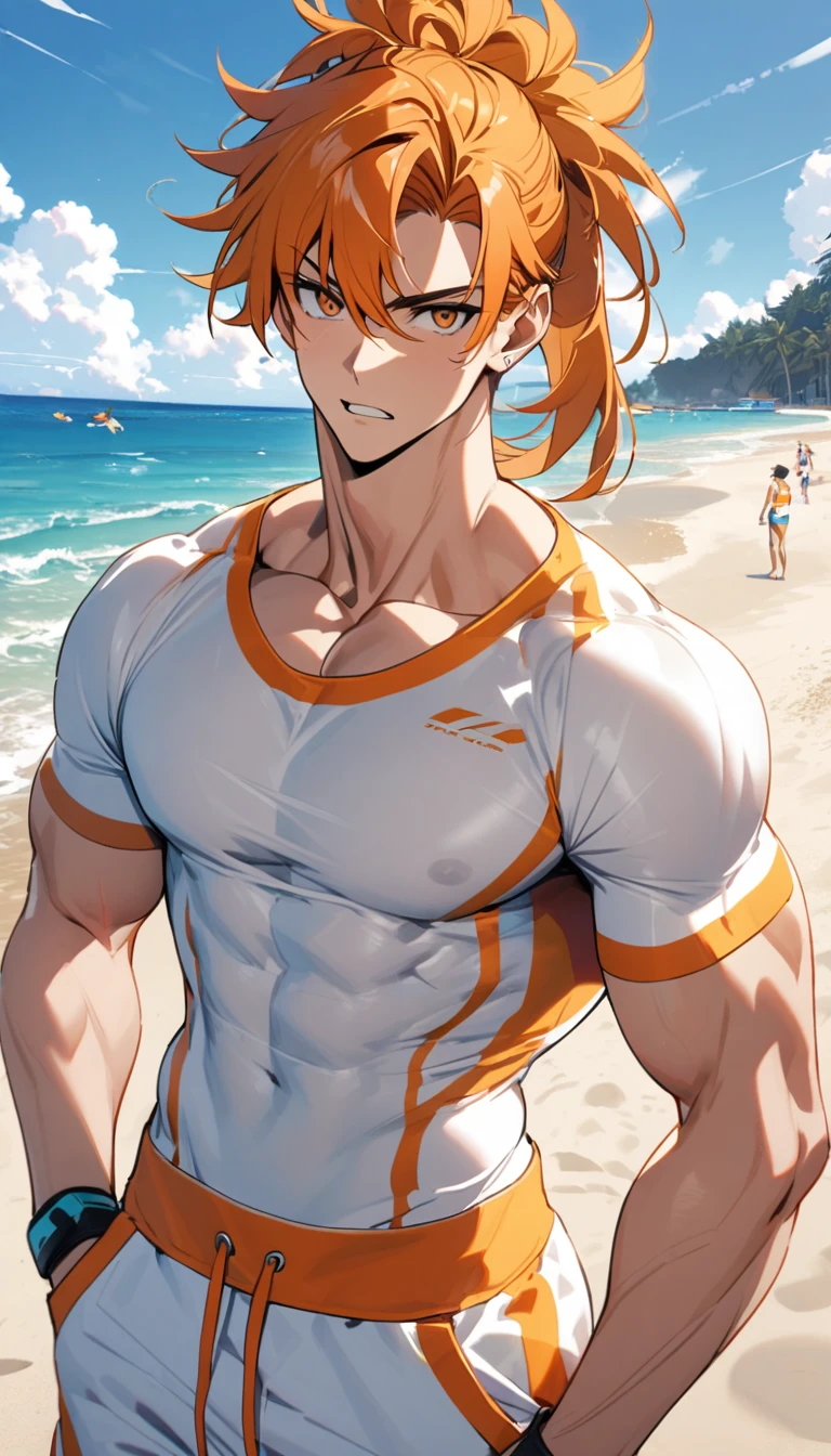 A muscular man wearing orange and white fitness clothing,Cool hairstyle,Beach,