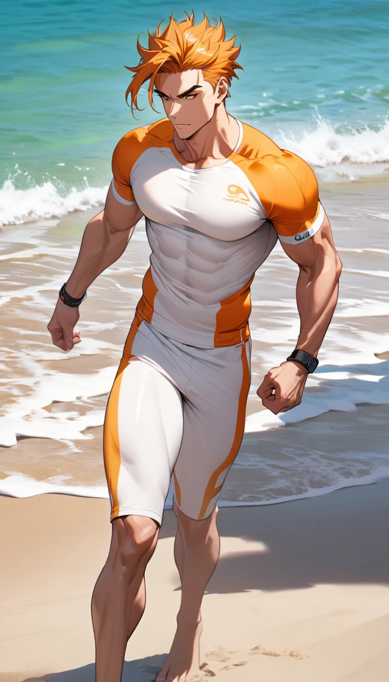 A muscular man wearing orange and white fitness clothing，Cool hairstyle，Beach，
