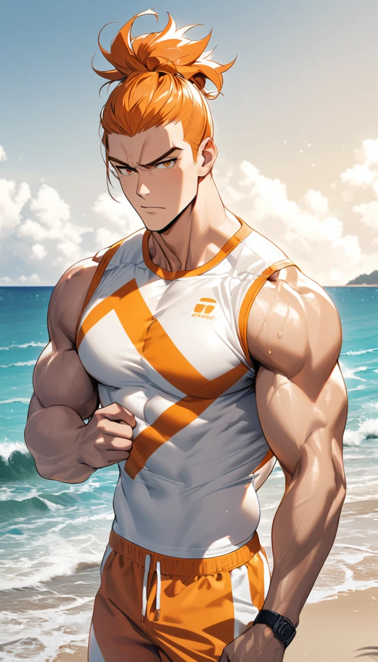 A muscular man wearing orange and white fitness clothing，Cool hairstyle，Beach，