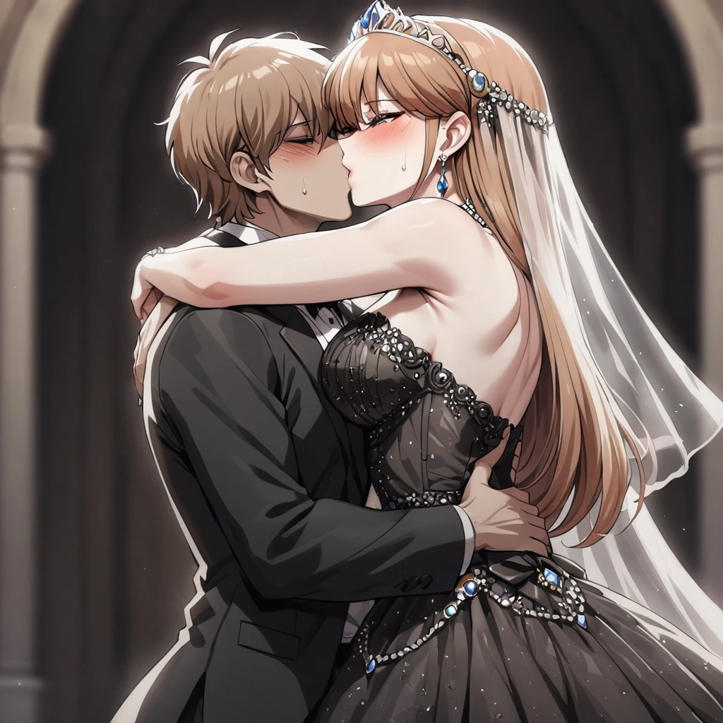 ((Highest quality)), ((masterpiece)), (detailed), (Perfect Face)、The woman was Princess Leona, with medium-long light brown hair, and was wearing a luxurious bridal outfit consisting of a lavishly jeweled black wedding dress, a gorgeous black wedding veil, and gorgeous jeweled accessories.、The woman embraces the male devil, kisses him, and gets married.