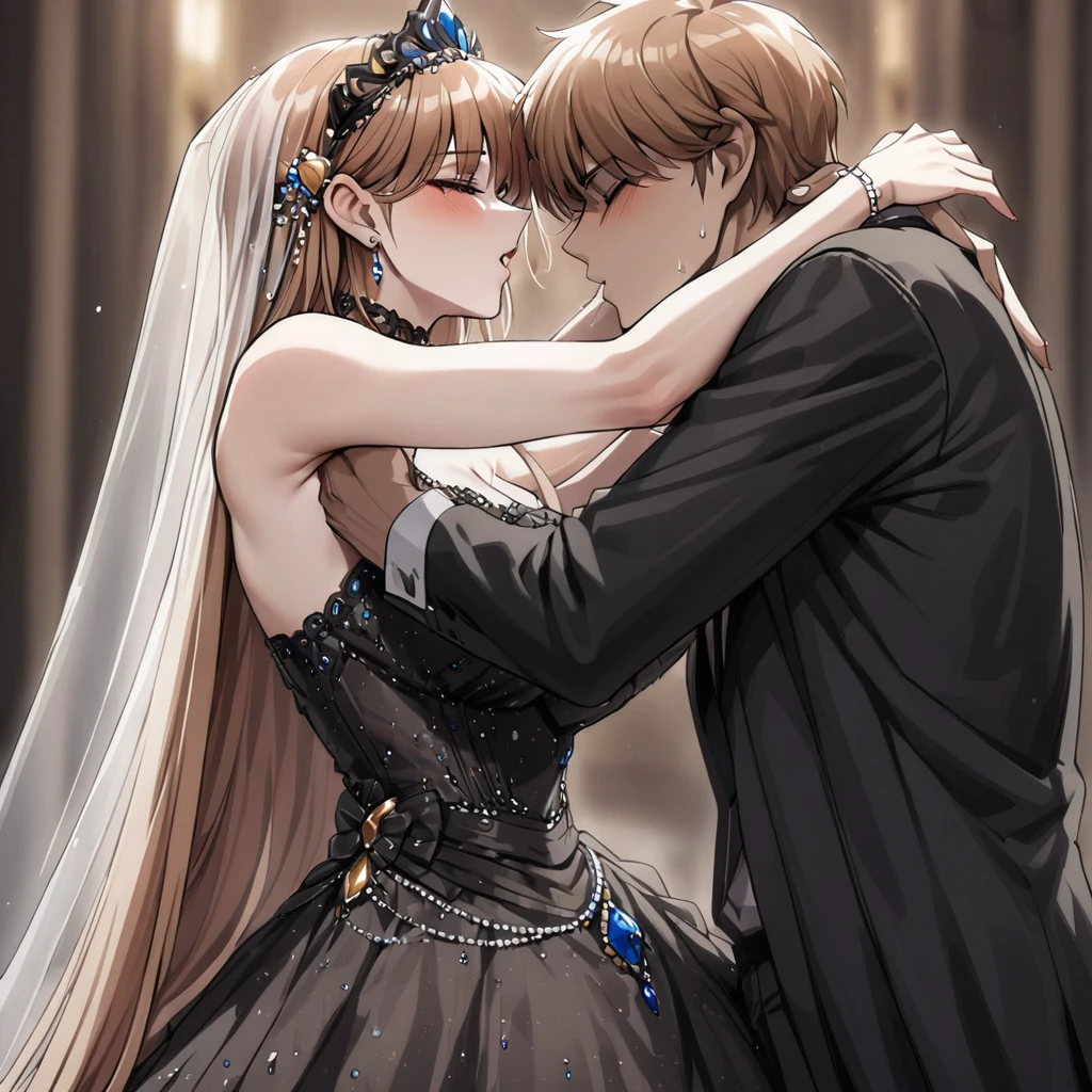((Highest quality)), ((masterpiece)), (detailed), (Perfect Face)、The woman was Princess Leona, with medium-long light brown hair, and was wearing a luxurious bridal outfit consisting of a lavishly jeweled black wedding dress, a gorgeous black wedding veil, and gorgeous jeweled accessories.、The woman embraces the male devil, kisses him, and gets married.