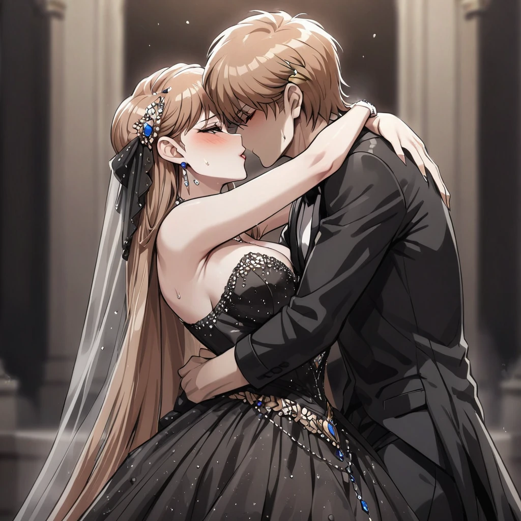 ((Highest quality)), ((masterpiece)), (detailed), (Perfect Face)、The woman was Princess Leona, with medium-long light brown hair, and was wearing a luxurious bridal outfit consisting of a lavishly jeweled black wedding dress, a gorgeous black wedding veil, and gorgeous jeweled accessories.、The woman embraces the male devil, kisses him, and gets married.