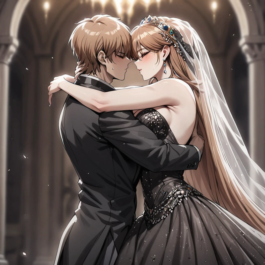 ((Highest quality)), ((masterpiece)), (detailed), （Perfect Face）、The woman was Princess Leona, with medium-long light brown hair, and was wearing a luxurious bridal outfit consisting of a lavishly jeweled black wedding dress, a gorgeous black wedding veil, and gorgeous jeweled accessories.、The woman embraces the male devil, kisses him, and gets married.