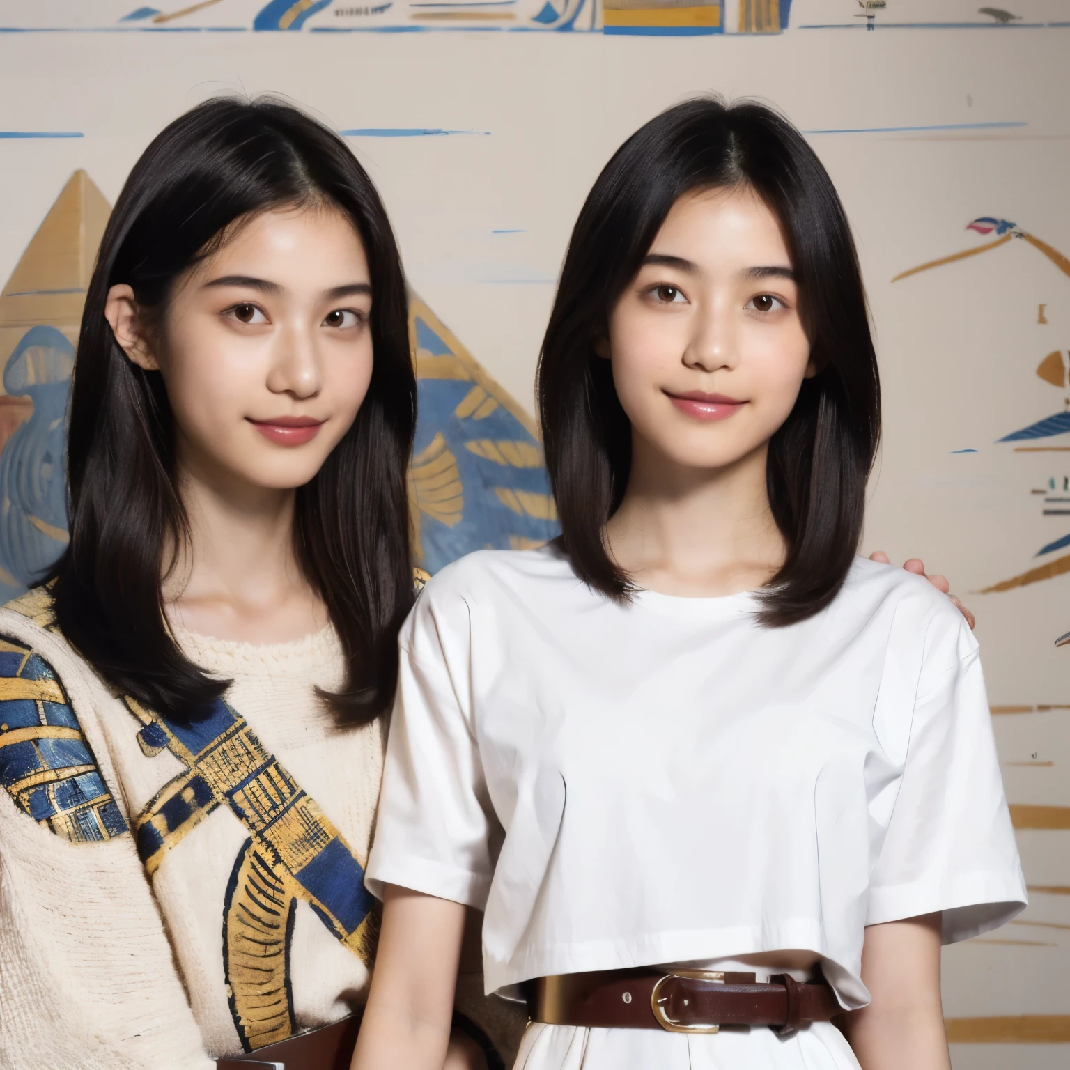 246 (In the mural２people々々々々々々々々々々々々々), (An 18-year-old female and an 18-year-old male), short hair,kind, lipstick, Egyptian civilization, Waist belt, Hieroglyphics, smile