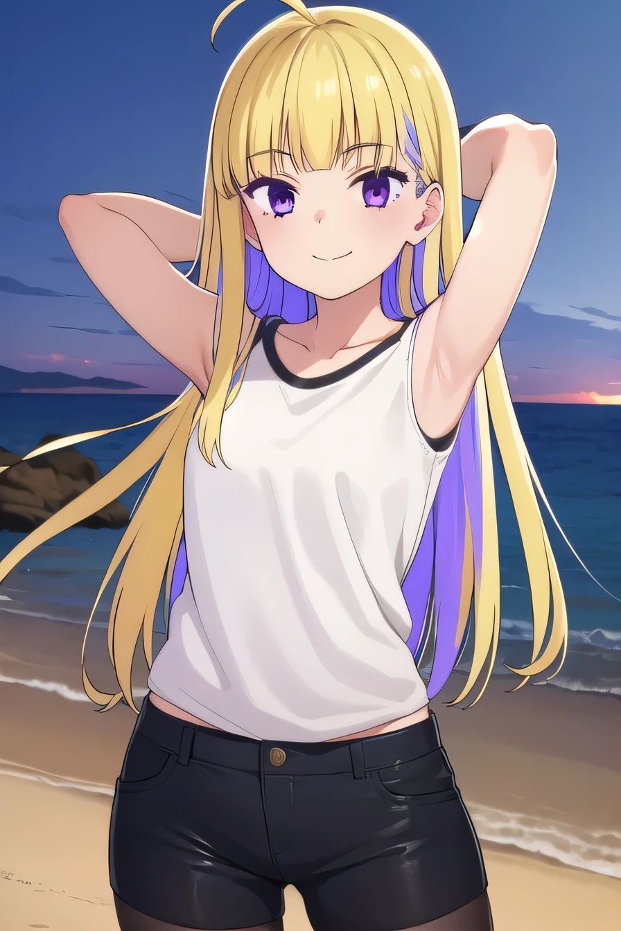 reimiitsushiro, long hair, bangs, blonde hair, (purple eyes:1.1), purple hair, ahoge, multicolored hair, blunt bangs, two-tone hair, smile,
BREAK black shorts, white undershirt , pantyhose, sleeveless,
 high quality, solo, 1girl, night sky, beach, arms behind head, (contrapposto), closed mouth, spread armpits, (cowboy shot:1.5), looking at viewer, best quality, smile,
BREAK (masterpiece:1.2), best quality, high resolution, unity 8k wallpaper, (illustration:0.8), (beautiful detailed eyes:1.6), extremely detailed face, perfect lighting, extremely detailed CG, (perfect hands, perfect anatomy),