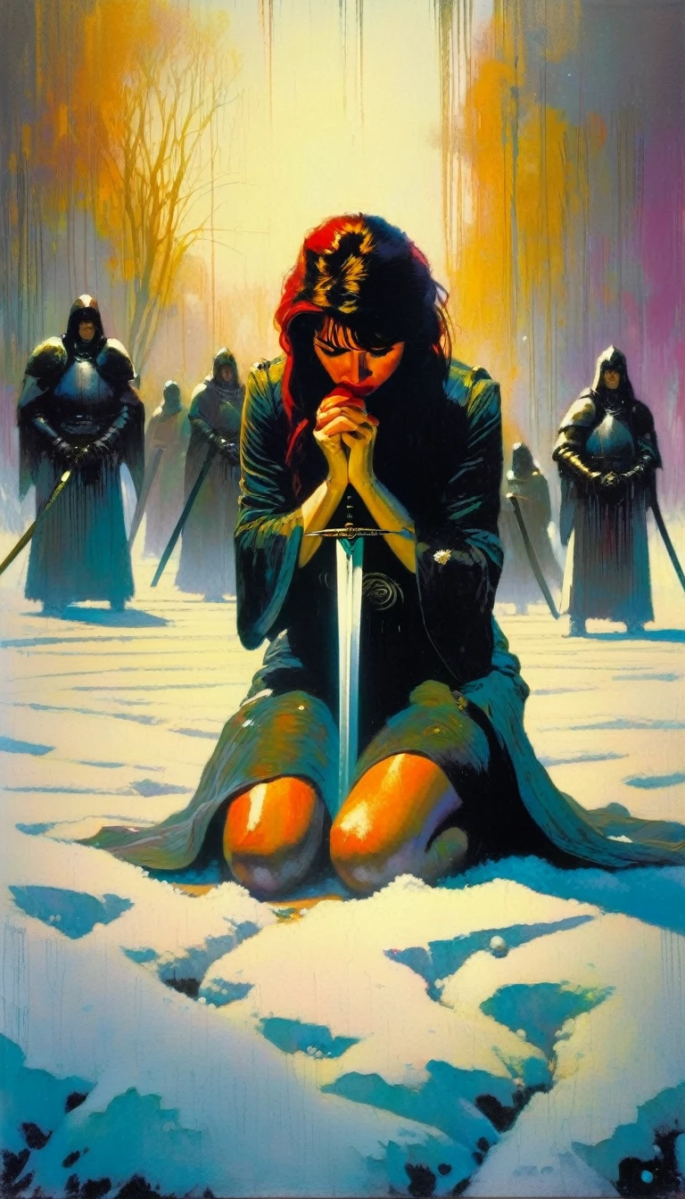 ten swords are sunk in the snow, a woman cries on her knees ,(art inspired in Bill Sienkiewicz). oil painting)
