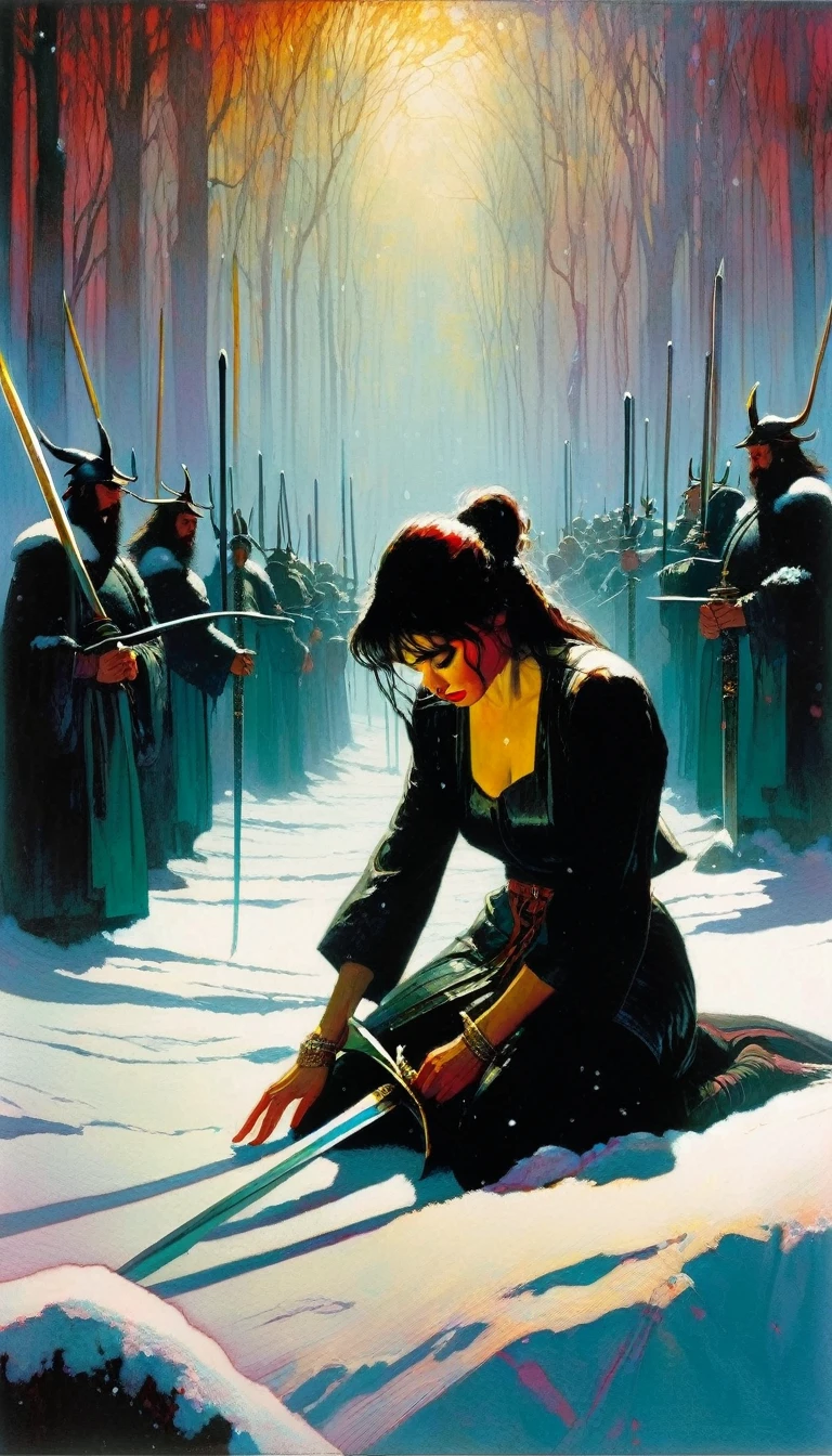 ten swords are sunk in the snow, a woman cries on her knees ,(art inspired in Bill Sienkiewicz). oil painting)