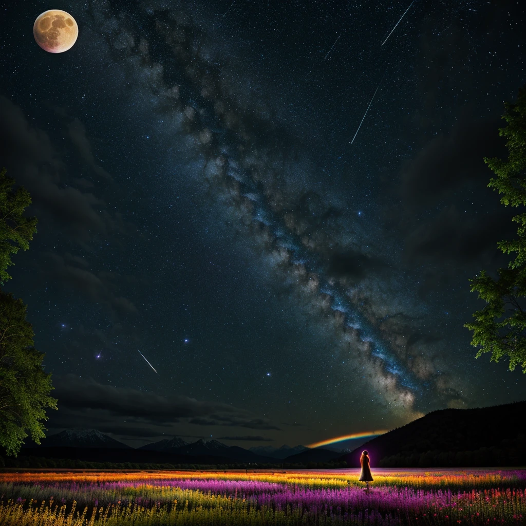 Vast landscape photo, (viewed from below, the sky is above and the open field is below), a girl standing on a flower field looking up, (full moon: 1.2), (meteor: 0.9), (nebula: 1.3), distant mountains , Trees BREAK Crafting Art, (Warm Light: 1.2), (Fireflies: 1.2), Lights, Lots of Purple and Orange, Intricate Details, Volumetric Lighting, Realism BREAK (Masterpiece: 1.2), (Best Quality), 4k, Ultra-Detailed, (Dynamic Composition: 1.4), Very Detailed, Colorful Details, (Rainbow Colors: 1.2), (Glow Lighting, Atmospheric Lighting), Dreamy, Magical, (Solo: 1.2)