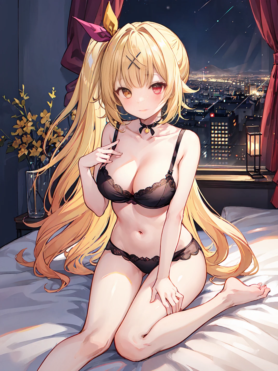 Highest quality、Complete limbs、Full Finger、Beautiful woman、Beautiful big breasts、HS1, red eyes, yellow eyes, side ponytail, x hair ornament, hair ribbon、Golden Hair、Black lace bra、Black lace panties、barefoot、Laughter、((Tower apartment))、Luxurious Room、((Glass Wall))、Luxurious king-size bed、((You can see the night view from the window))、Dimly lit room、Indirect lighting is on、Sitting on the bed、Blushing、Unpleasant atmosphere、Elegant atmosphere