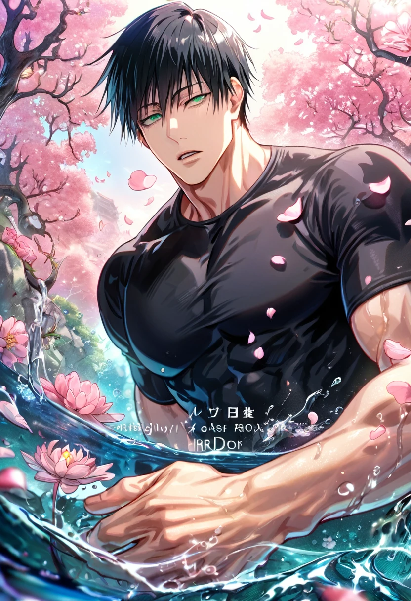 absurdres, highres, ultra detailed, HDR, master piece, best quality, Fushiguro Touji, straight black hair, expressive green eyes, Jujutsu Kaisen, solo, sexy man, handsome, black tight T-shirt, fantasy, shining, water, pink flowers, pink blossoms, pink petals