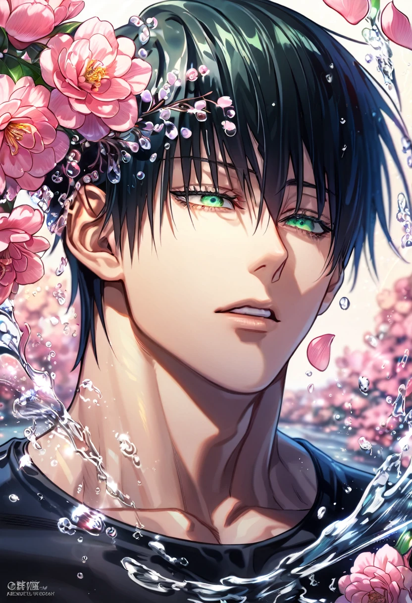 absurdres, highres, ultra detailed, HDR, master piece, best quality, Fushiguro Touji, straight black hair, expressive green eyes, Jujutsu Kaisen, solo, sexy man, handsome, black tight T-shirt, fantasy, shining, water, pink flowers, pink blossoms, pink petals