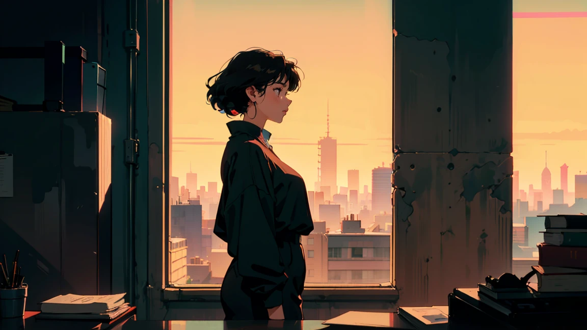 Beautiful Asian woman standing in the office at night, City night view from the window, Perfect Face, profile, White Taylormade, Melancholy, Neon Black, (Backlight: 1.1), A scene from a movie, Hard Shadows, masterpiece, Highest quality, Complex, Model shooting style, Vintage, Film Grain, Blue tones, Wide Shot