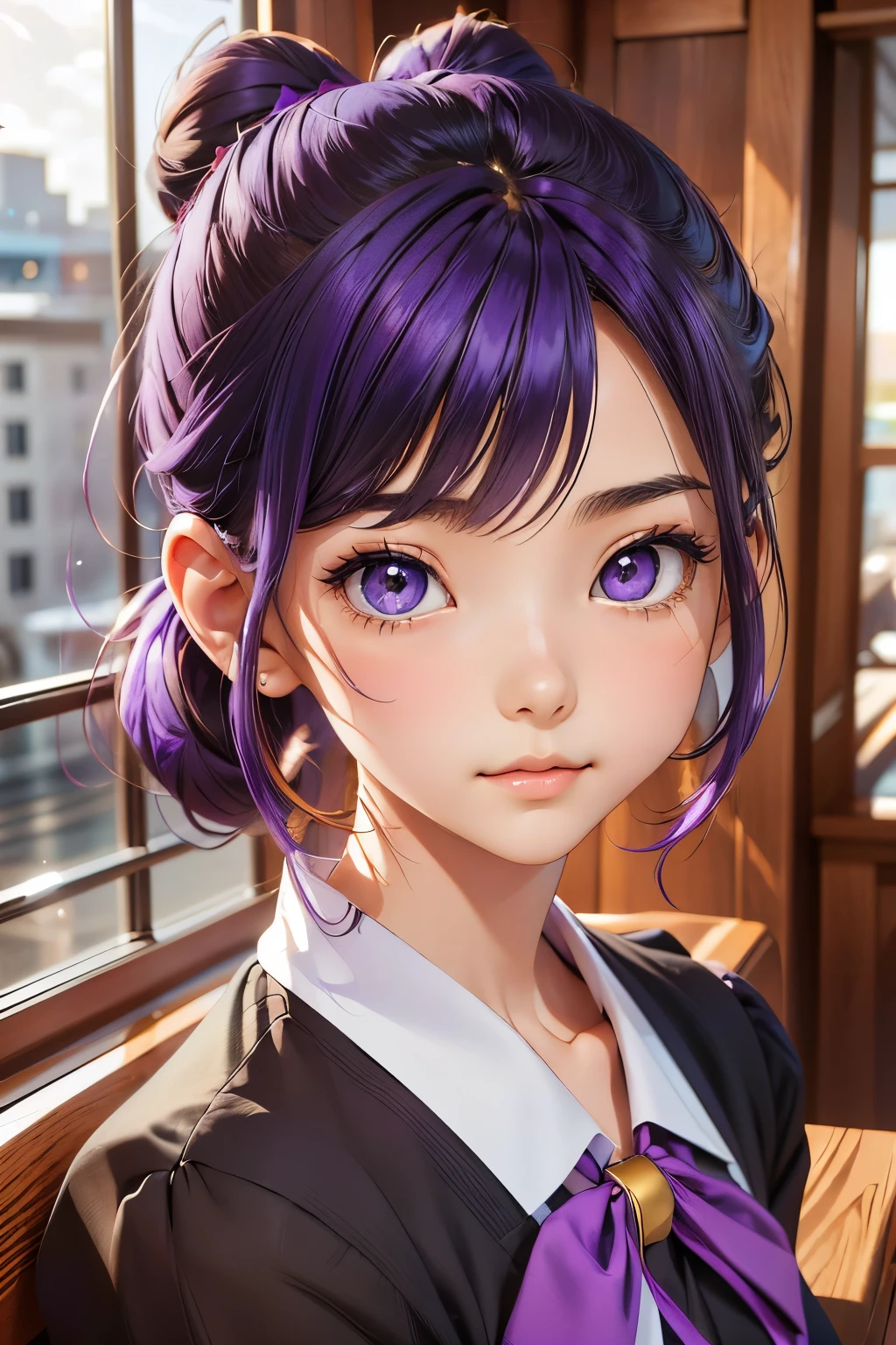 ((Hair color is purple : 1.3)), Her hairstyle is a bun(Chignon)A very large ribbon is tied to。When you remove the ribbon, your hair is long.。
The eyes are not big cat-like, but long and narrow.、The pupils may be dilated at night。
Tall and stylish、Being beautiful is admired by the same sex.、Even my grandpa is in love with me.。