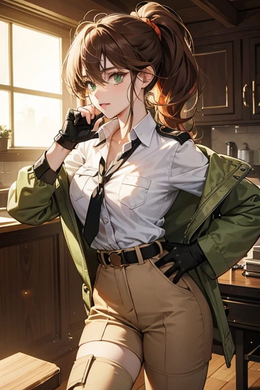 she curly, shaggy hair tied in a short ponytail, and green eyes. sHe has been shown wearing a white button-down shirt with a popped collar, a khaki jacket, and knee-high boots, wearing around his neck what appear to be aviator goggles. sHe also wears dark gloves and what seems to be a white belt or fanny pack, with dark brown and red-orange pants. SPARKLE; GLITTER