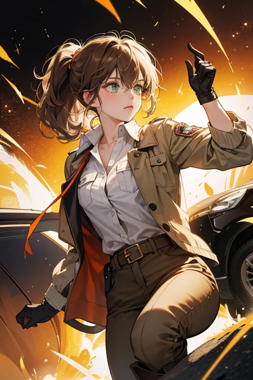 she curly, shaggy hair tied in a short ponytail, and green eyes. sHe has been shown wearing a white button-down shirt with a popped collar, a khaki jacket, and knee-high boots, wearing around his neck what appear to be aviator goggles. sHe also wears dark gloves and what seems to be a white belt or fanny pack, with dark brown and red-orange pants. SPARKLE; GLITTER