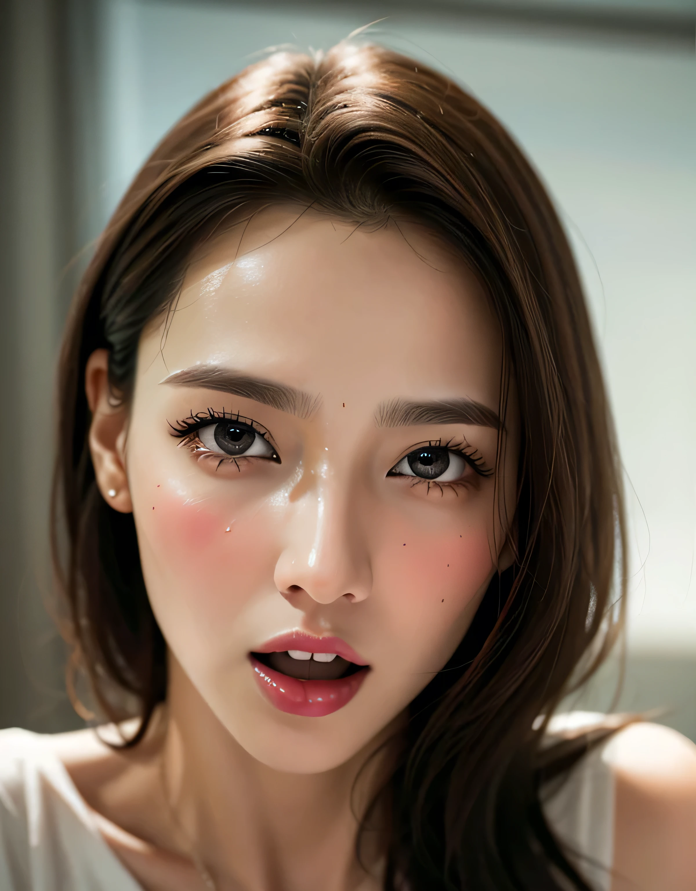 Highest quality、16K high resolution、Super detailed、masterpiece、Live Shooting、Photorealistic:1.4、Hyperrealism:1.4、Sharp focus、Very delicate and beautiful、Fine details、Super beautiful face、Woman with open mouth、Sweat、Beautiful brown eyes、woman with edge orgasm_face、perfecteyes eyes