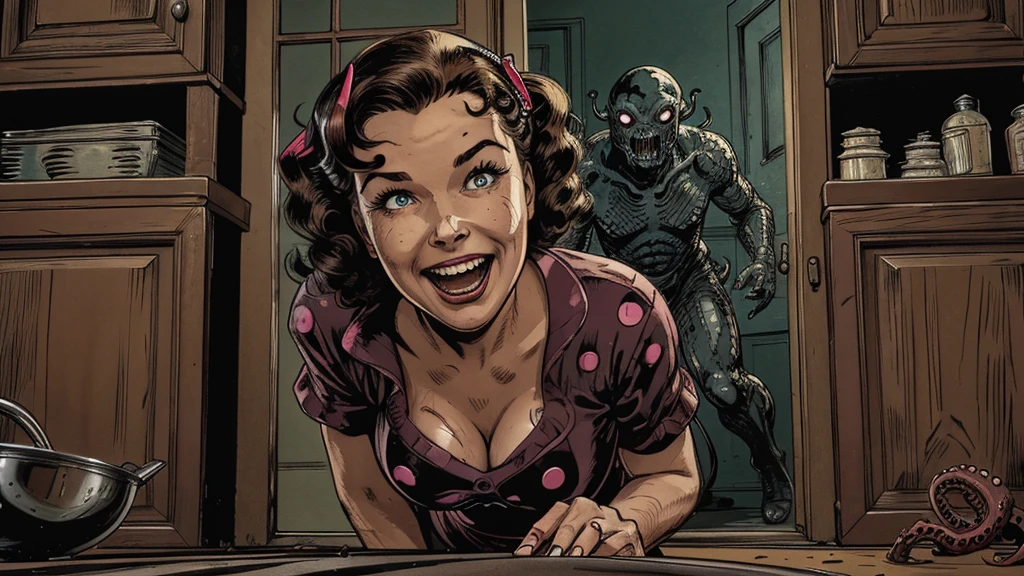 The vintage advertisement appears to celebrate 1950s domesticity at first glance. In the foreground, a smiling housewife poses holding a vintage vacuum, embodying the can-do attitude of the era's homemakers. She wears a classic polka-dot dress with a modest sweetheart neckline that hints at her shapely figure. Perfectly coiffed brunette curls frame her made-up face.
However, a closer look reveals a darker, sinister presence. Looming behind the housewife, visible through the open doorway of her cheerful kitchen, is the unmistakable form of a grotesque, multi-tentacled monster straight out of a sci-fi horror tale. Tentacled monster, tentacled monster, tentacled monster, tentacled monster.
The creature's putrid, gelatinous flesh seems to slough from its pulsating form, already staining the cheerful checkerboard tiles. Countless grotesque appendages whip through the air, knocking over cherry-red kitchen accessories. One deformed tentacle, lined with rows of serrated fangs, creeps ever closer to the oblivious housewife.
But the homemaker's plastic smile remains unwavering, her upbeat pose entirely at odds with the literal kitchen nightmare unfolding behind her. The vacuum she holds looks comically inadequate against the spawning abomination.
The bold text overlay reads: "With Maybelle's, Even Cosmic Horrors Are No Match for a Housewife's Gumption!" The tagline jarringly combines the idyllic 1950s household with a hint of schlocky, drive-in movie camp.
Blending the saccharine-sweet feminine ideals of the era with a full-blown sci-fi monster invasion, the advertisement presents a deliriously incongruous juxtaposition of prim domesticity and terrifying, tentacled chaos.
