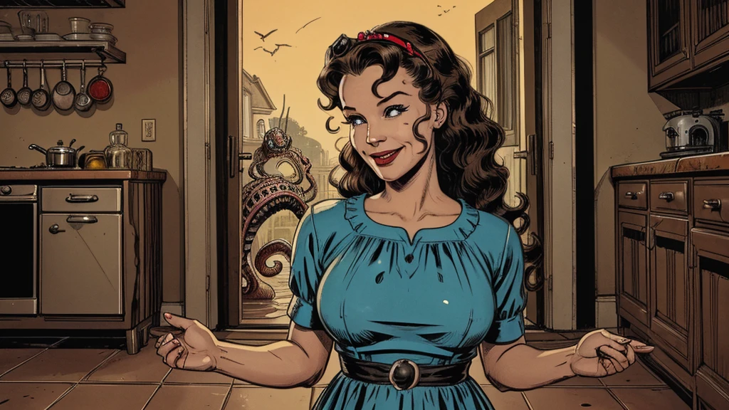 The vintage advertisement appears to celebrate 1950s domesticity at first glance. In the foreground, a smiling housewife poses holding a vintage vacuum, embodying the can-do attitude of the era's homemakers. She wears a classic polka-dot dress with a modest sweetheart neckline that hints at her shapely figure. Perfectly coiffed brunette curls frame her made-up face.
However, a closer look reveals a darker, sinister presence. Looming behind the housewife, visible through the open doorway of her cheerful kitchen, is the unmistakable form of a grotesque, multi-tentacled monster straight out of a sci-fi horror tale. Tentacled monster, tentacled monster, tentacled monster, tentacled monster.
The creature's putrid, gelatinous flesh seems to slough from its pulsating form, already staining the cheerful checkerboard tiles. Countless grotesque appendages whip through the air, knocking over cherry-red kitchen accessories. One deformed tentacle, lined with rows of serrated fangs, creeps ever closer to the oblivious housewife.
But the homemaker's plastic smile remains unwavering, her upbeat pose entirely at odds with the literal kitchen nightmare unfolding behind her. The vacuum she holds looks comically inadequate against the spawning abomination.
The bold text overlay reads: "With Maybelle's, Even Cosmic Horrors Are No Match for a Housewife's Gumption!" The tagline jarringly combines the idyllic 1950s household with a hint of schlocky, drive-in movie camp.
Blending the saccharine-sweet feminine ideals of the era with a full-blown sci-fi monster invasion, the advertisement presents a deliriously incongruous juxtaposition of prim domesticity and terrifying, tentacled chaos.