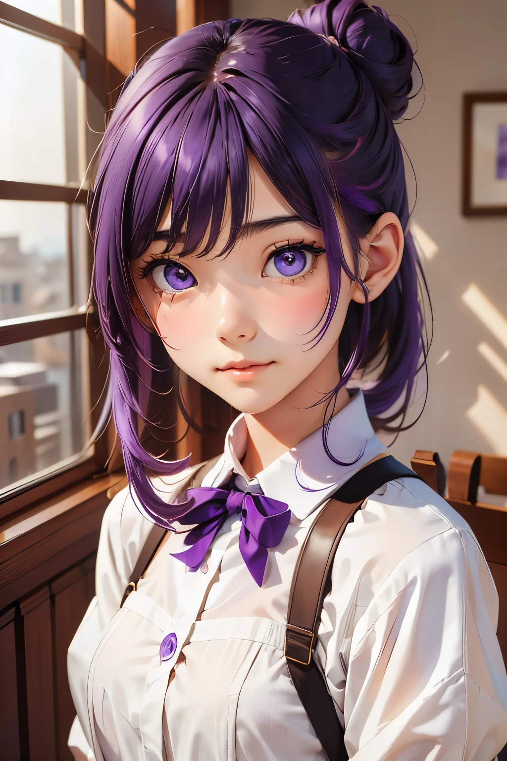 ((Hair color is purple : 1.3)), Her hairstyle is a bun(Chignon)A very large ribbon is tied to。When you remove the ribbon, your hair is long.。
The eyes are not big cat-like, but long and narrow.、The pupils may be dilated at night。
Tall and stylish、Being beautiful is admired by the same sex.、Even my grandpa is in love with me.。
