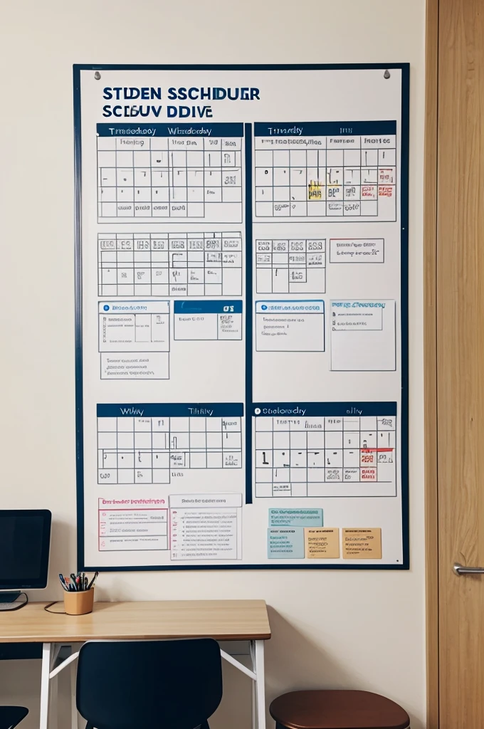 Student posting his activity schedule on the wall of his room next to the desk