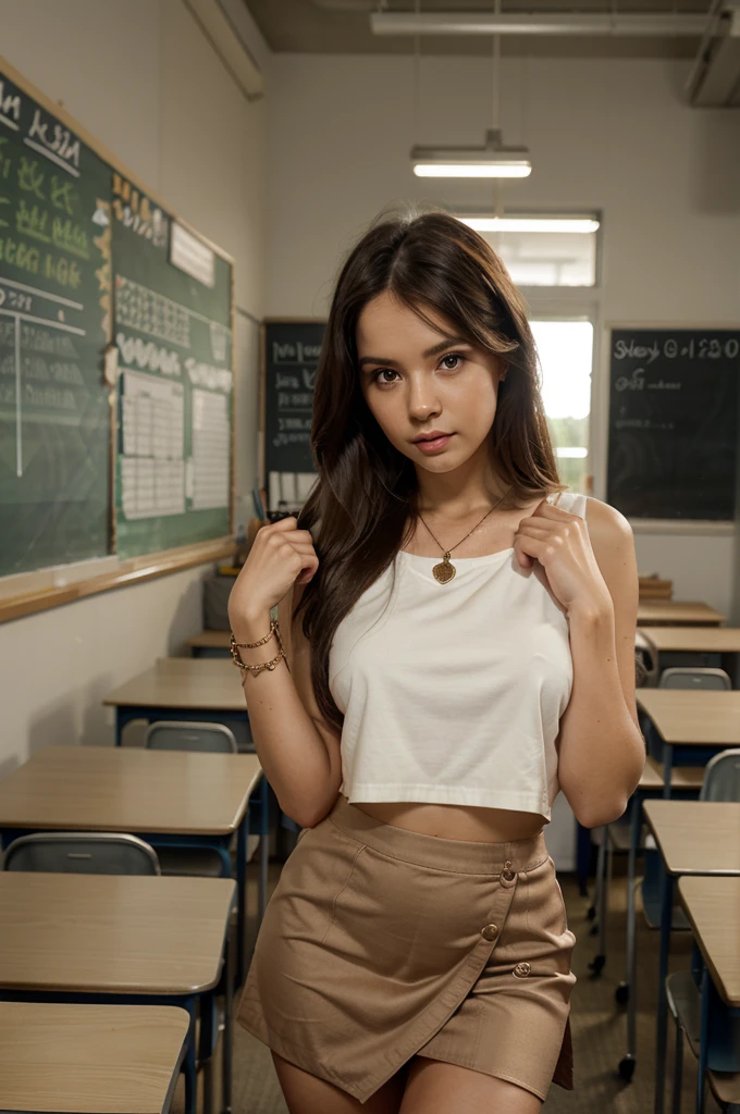 1girl in, 30 years old, Square face, Long hair, Looking at viewer, jewelry, Reality, Sexy, Short skirt outfit, classroom background , free pose