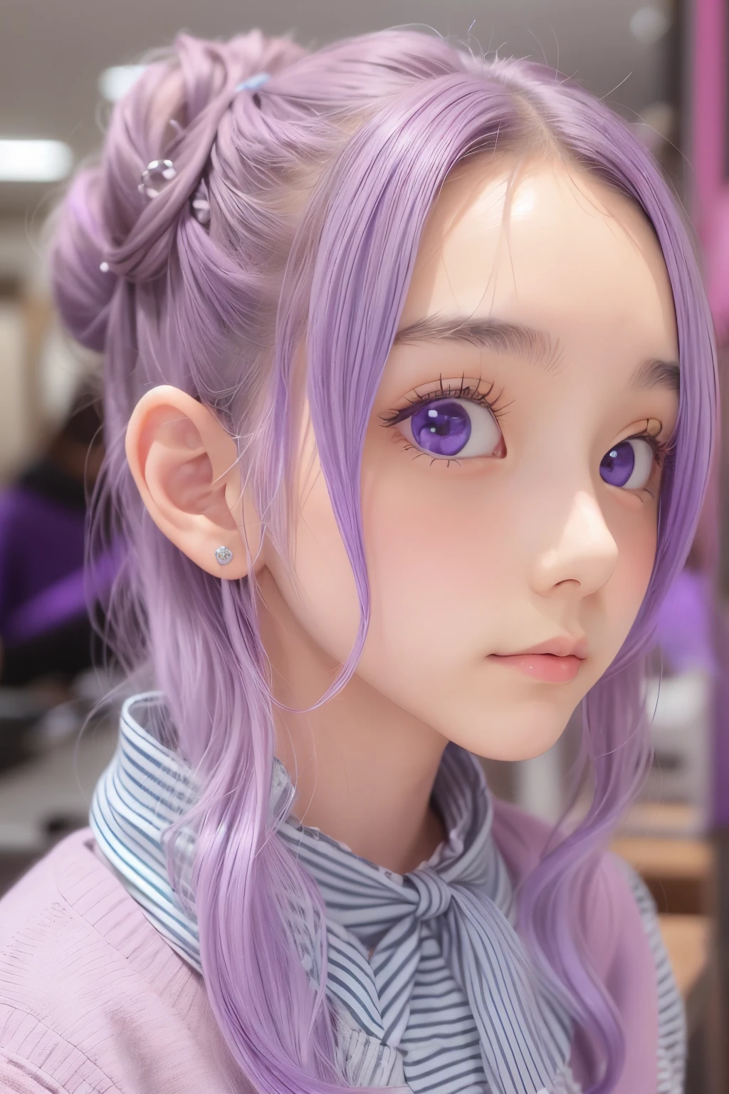 ((Hair color is purple : 1.3)), Her hairstyle is a bun(Chignon)A very large ribbon is tied to。When you remove the ribbon, your hair is long.。
With piercing eyes、The pupils may be dilated。
Tall and stylish、Being beautiful is admired by the same sex.、Even my grandpa is in love with me.。