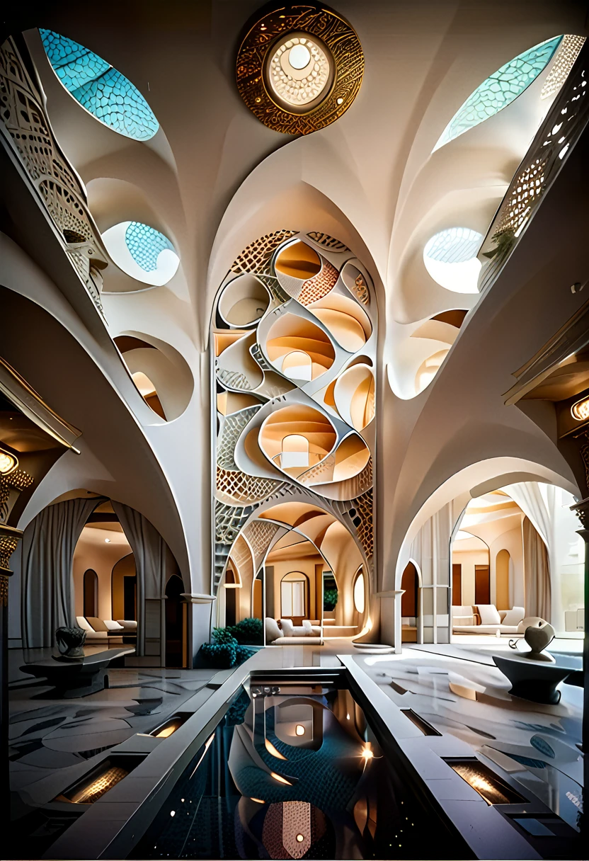 hyper-realistic photo of an architectural interior featuring stunning arabesque patterns. The interior should be richly decorated with intricate geometric and floral designs that cover the walls, ceilings, and floors. Use a combination of vibrant colors and gold accents to highlight the complexity and beauty of the patterns. Include elements such as grand arches, detailed mosaics, and ornate columns to enhance the grandeur of the space. Soft, ambient lighting should be used to illuminate the intricate details and create a warm, inviting atmosphere. The overall scene should be awe-inspiring, capturing the exquisite craftsmanship and beauty of arabesque architecture.