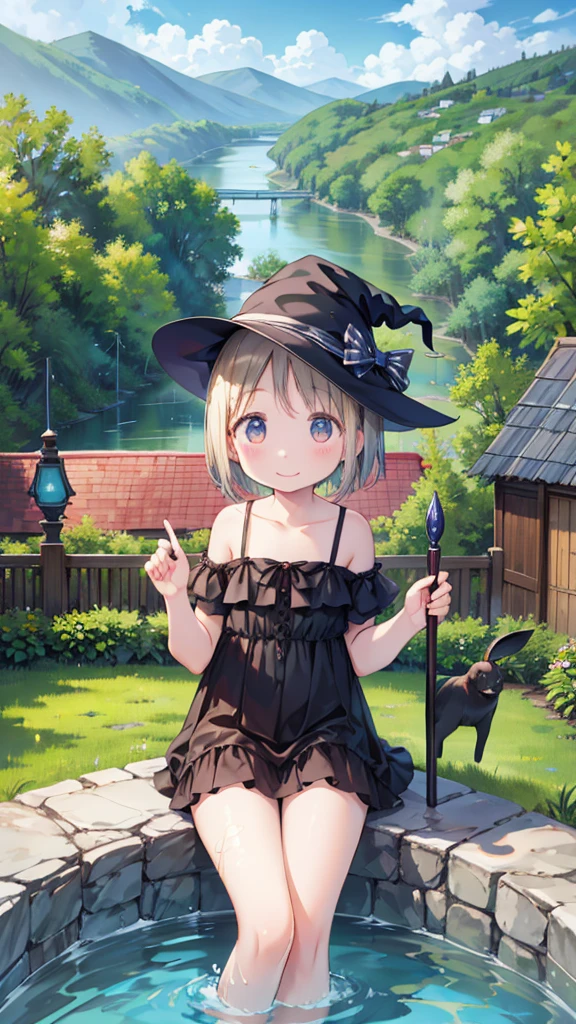 、four beautiful girls、gothic、witch, happy smile、beautiful background, (river, swimming pool and fantasy), four girls,