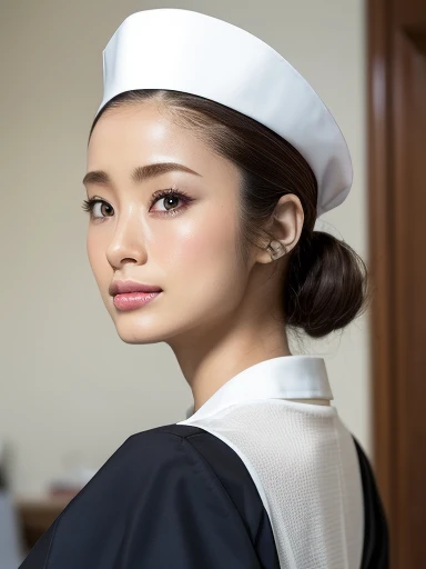 1 Girl,(Wearing white nurse clothes:1.2),(RAW Photos, Highest quality), (Realistic, photo-Realistic:1.4), masterpiece, Very delicate and beautiful, Very detailed, 2k wallpaper, wonderful, finely, Very detailed CG unity 8k wallpaper, Very detailedな, High resolution, Soft Light, Beautiful detailed girl, Very detailed eyes and face, Beautiful and detailed nose, finely beautiful eyes, nurse, Perfect Anatomy, Black Hair, Upstyle, nurse uniform, ((nurse cap)), Long skirt, nurse, White costume, thin, hospital, clear, White Uniform, hospital room, Neck auscultation,Close your face,Upper Body Shot