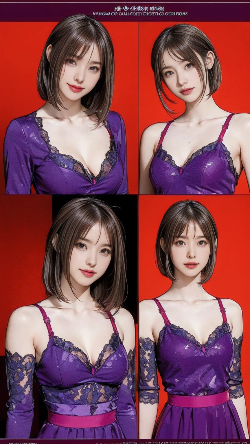 10:24:23
((masterpiece)),(((Highest quality))),((Reference Sheet, Character Design)), Highest quality,masterpiece,Ultra-high resolution,Original photo,Ultra-high resolution,Three beautiful women,Flashy makeup using red eyeshadow,Big smile,Short cut with side waves,Wearing purple and red lace bra and panties,