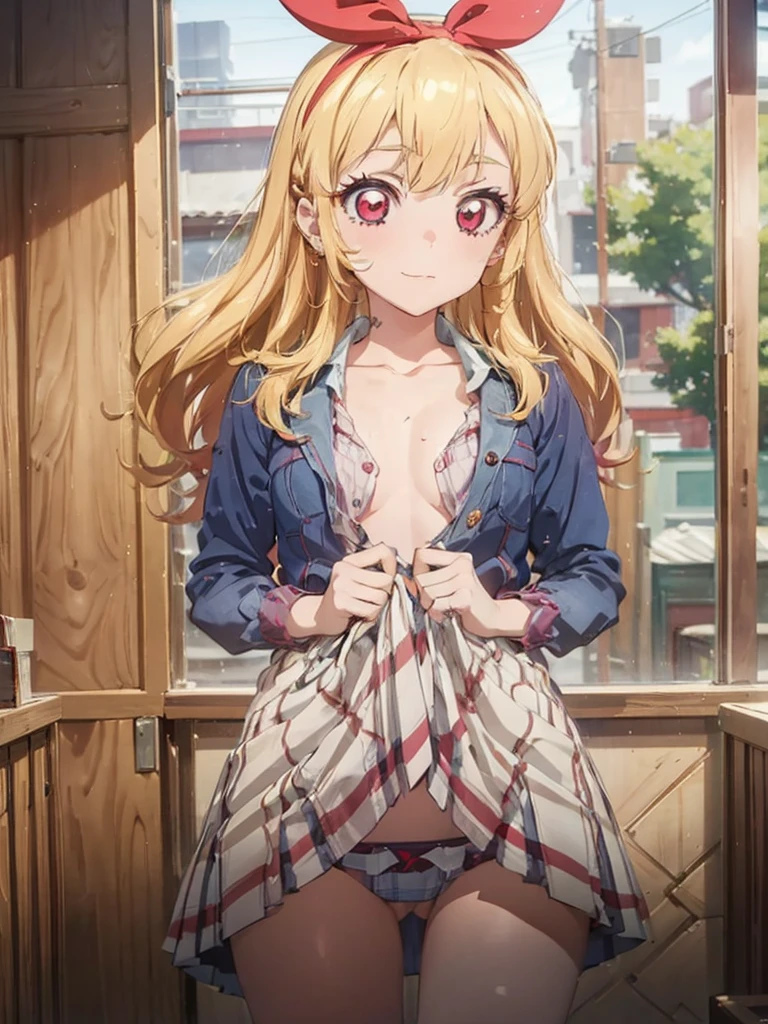 a beautiful female nurse kneeling in a hospital, dressed in nurse's uniform, 1girl, nurse, breasts, nurse cap, solo, blonde hair, thighhighs, cleavage, smile, choker, large breasts, long hair, red eyes, looking at viewer, hat, kitagawa marin, jewelry, black choker, black thighhighs, grin, earrings, piercing, ear piercing, bangs, collarbone,Marin Kitagawa ,Ichigo Hoshimiya (Aikatsu!),lol_i