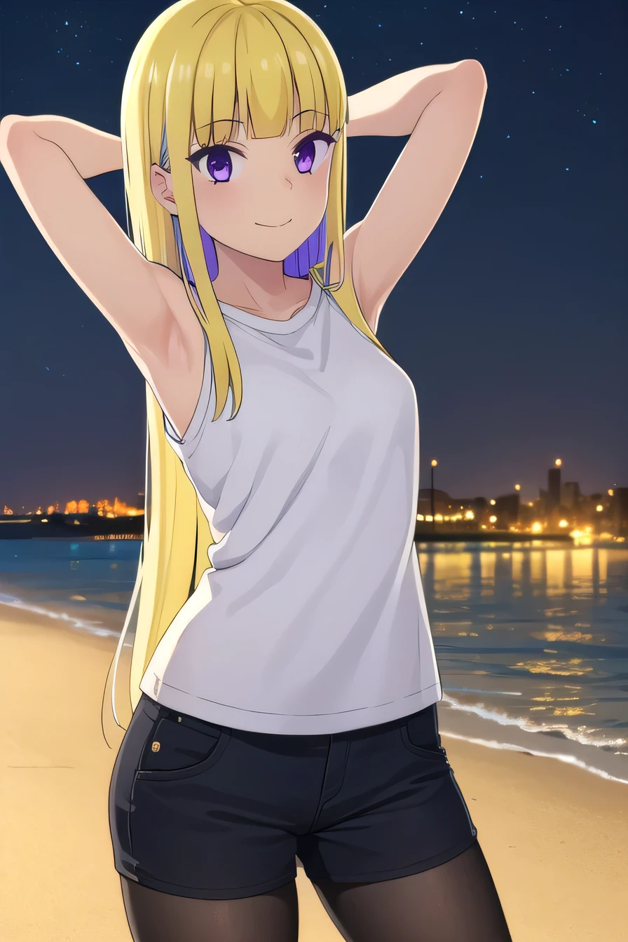 reimiitsushiro, long hair, bangs, blonde hair, (purple eyes:1.1), purple hair, ahoge, multicolored hair, blunt bangs, two-tone hair, smile,
BREAK black shorts, white undershirt , pantyhose, sleeveless,
 high quality, solo, 1girl, night sky, beach, arms behind head, (contrapposto), closed mouth, spread armpits, (cowboy shot:1.5), looking at viewer, best quality, smile,
BREAK (masterpiece:1.2), best quality, high resolution, unity 8k wallpaper, (illustration:0.8), (beautiful detailed eyes:1.6), extremely detailed face, perfect lighting, extremely detailed CG, (perfect hands, perfect anatomy),