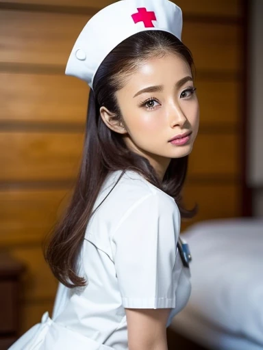 1 Girl,(Wearing white nurse clothes:1.2),(RAW Photos, Highest quality), (Realistic, photo-Realistic:1.4), masterpiece, Very delicate and beautiful, Very detailed, 2k wallpaper, wonderful, finely, Very detailed CG unity 8k wallpaper, Very detailedな, High resolution, Soft Light, Beautiful detailed girl, Very detailed eyes and face, Beautiful and detailed nose, finely beautiful eyes, nurse, Perfect Anatomy, Black Hair, Upstyle, nurse uniform, ((nurse cap)), Long skirt, nurse, White costume, thin, hospital, clear, White Uniform, hospital room, Neck auscultation,Close your face,Upper Body Shot