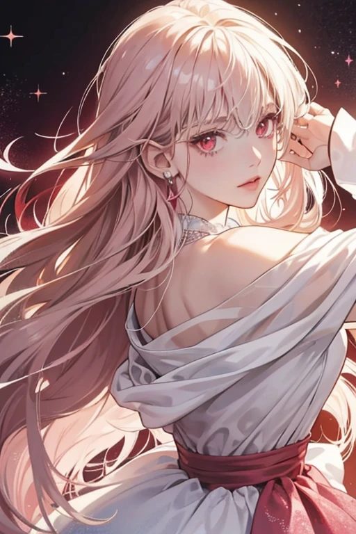 she has light-colored hair and red eyes,  with dark blond hair. Her hair varies between platinum blond, white, or silver, while her eyes have also been depicted as pink or a dark red hue.  SPARKLE; GLITTER