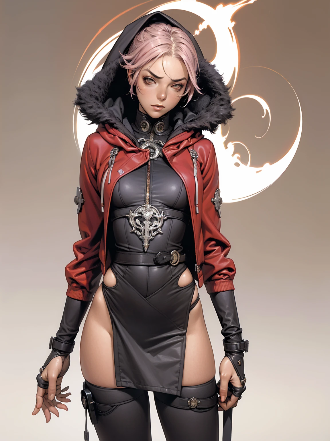(((Annie Lennox))), (((Dark red))), (scars), (((Bandaged body))), ((hooded cloak)), (((best qualityer: 1.4))), (Unbeatable masterpiece), (hiper HD),(CG 8k hyper-realistic), (((brave face))), (((breasts big))), (((hyper feminine))), sexly girl, black tattoo,（ultra short pink hair)), ((( sculptural body ))), (((1 Kizi))), Kizi tatuada de 25 anos com perfectbody,,Beautiful and well-groomed face,muscular body:1.2,solid color detailed jacket, (Head to thigh photos)， Complex equipment, green dark，long pants，Tight clothes are dark，With white stars and off-white stripes,,,,,Armor Metal Electronic Parts, Poison tattoos ) INFO, Kizi, (((standing alone))), pirralha violent, (((14歳))), sexly, pose de atitude, work of art, post-apocalypse, (((manga style))), bounty hunter, violent, Manic, the way you want, slenderbody, thin but strong, perfectbody, roupa moderna, advanced technology, Pleated mini skirt with checkered pattern in red and black, fur collar jacket, sleeves with vertical striped pattern, neutral background, (( cowboy shot )). intricate visual
