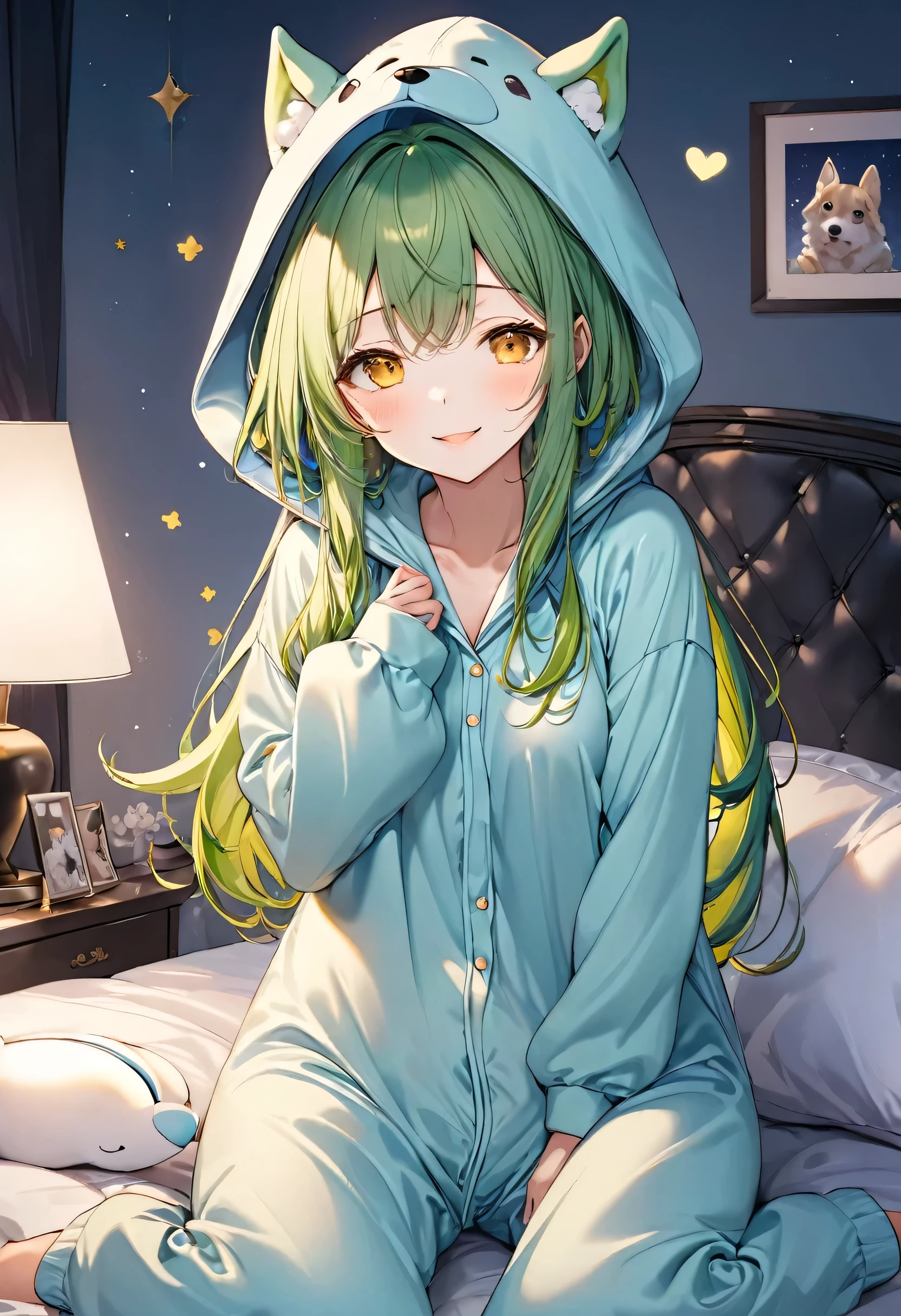 (Kigurumi pajamas style) (15 yo, solo green hair long hair cute girl, cute yellow eyes, love smile medium tits), (in a dog hooded, dog kigurumi pajamas), break, in the lovely bedroom of night, BREAK, masterpiece, best quality, 16k, beautiful detailed night, daydreaming expression.