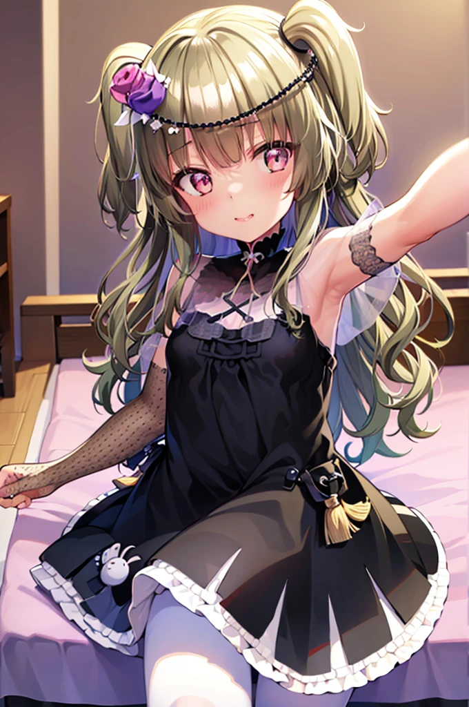 Himari Mei, masterpiece, loli, cute, flat chest, Selfie, black dress, head tilt, in princess style bedroom, incoming kiss, spread legs wide, showing off black panties