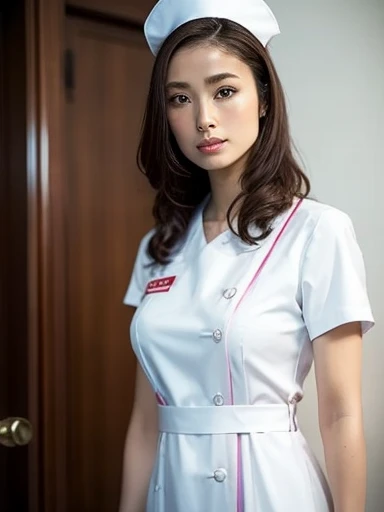 1 Girl,(Wearing white nurse clothes:1.2),(RAW Photos, Highest quality), (Realistic, photo-Realistic:1.4), masterpiece, Very delicate and beautiful, Very detailed, 2k wallpaper, wonderful, finely, Very detailed CG unity 8k wallpaper, Very detailedな, High resolution, Soft Light, Beautiful detailed girl, Very detailed eyes and face, Beautiful and detailed nose, finely beautiful eyes, nurse, Perfect Anatomy, Black Hair, Upstyle, nurse uniform, ((nurse cap)), Long skirt, nurse, White costume, thin, hospital, clear, White Uniform, hospital room, Neck auscultation,Close your face,Upper Body Shot