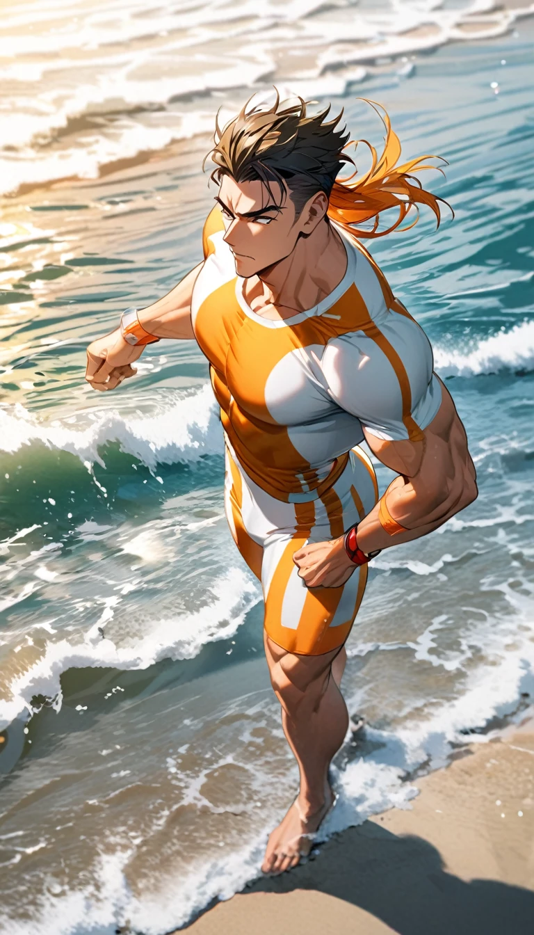 A muscular man wearing orange and white fitness clothing，Cool hairstyle，Beach，