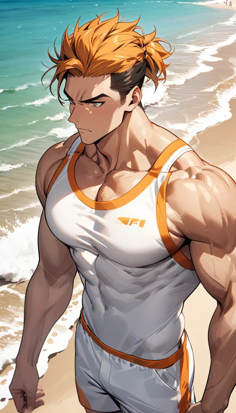 A muscular man wearing orange and white fitness clothing，Cool hairstyle，Beach，