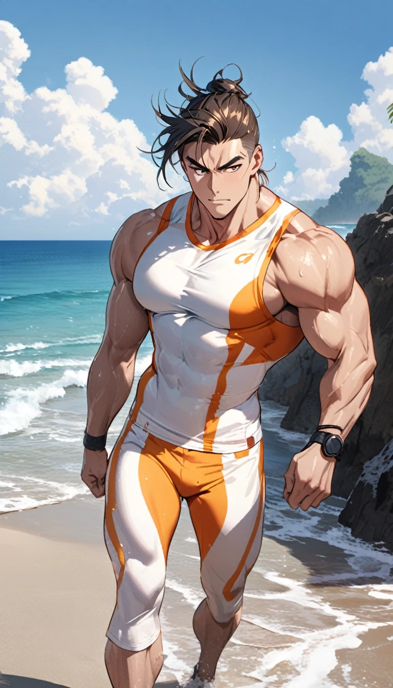 A muscular man wearing orange and white fitness clothing，Cool hairstyle，Beach，