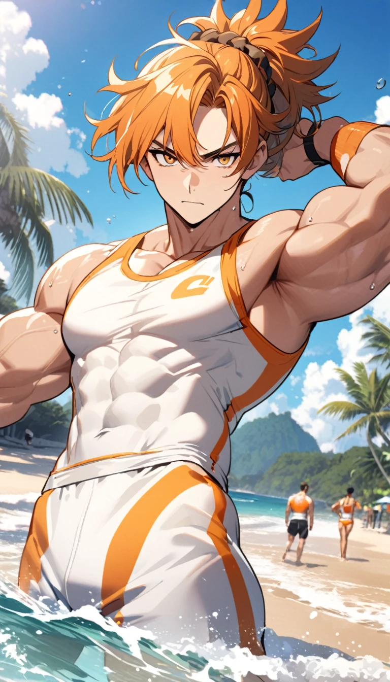 A muscular man wearing orange and white fitness clothing，Cool hairstyle，Beach，