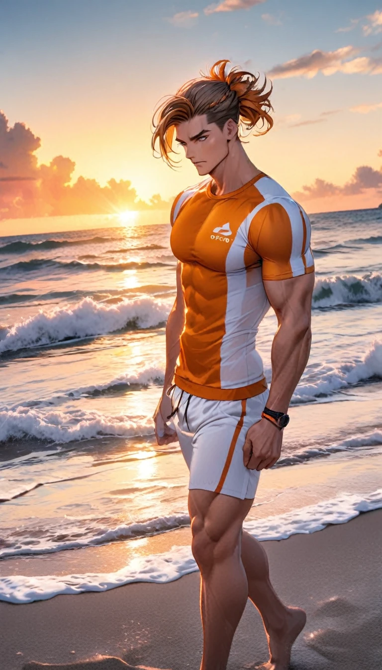 A muscular man wearing orange and white fitness clothing,Cool hairstyle,Beach,