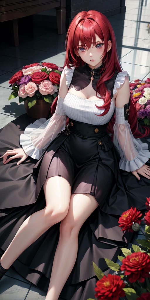 realisitic, 1 girl, Red hair, purples eyes, glare eyes, top cut, overskirt, parted lips, blush, natta, flowers, floor, floorlight,