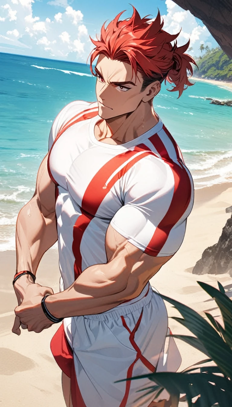 A muscular man wearing red and white fitness clothing,Cool hairstyle,Beach,