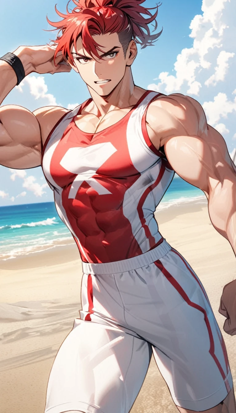 A muscular man wearing red and white fitness clothing,Cool hairstyle,Beach,
