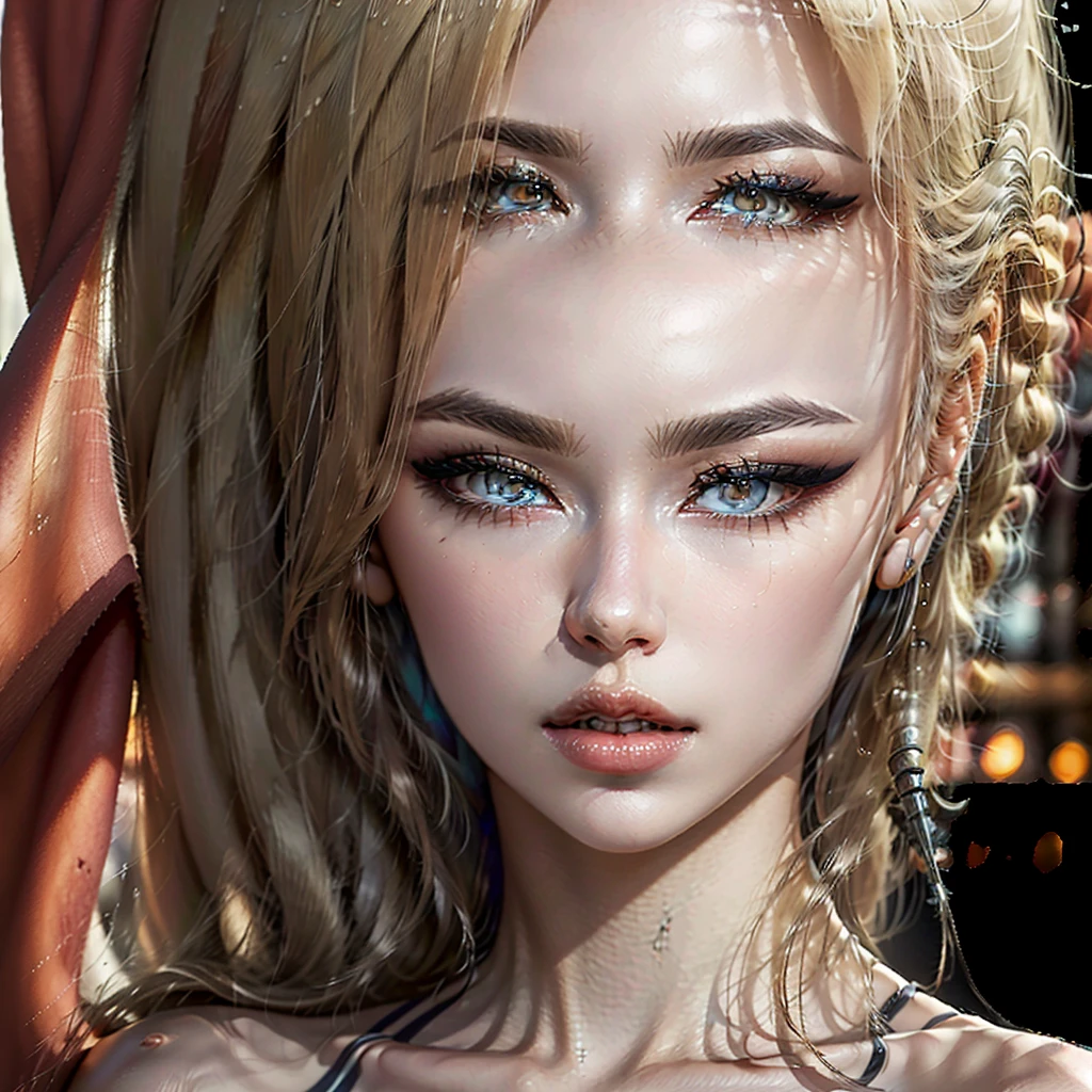 (best quality,4k,8k,highres,masterpiece:1.2),ultra-detailed,(realistic,photorealistic,photo-realistic:1.37), perfect body, young woman kneeling, knees pulled to the side , bending forward ready to kiss, sensual detailed lips open, blush, gorgeous Hair, beautiful detailed eyes, extremely detailed face and hand,longeyelashes, flawless skin,colorful bar lights illuminating it,gentle breeze,natural beauty,romantic and enchanting,magical aura , wearing cami-top and shorts