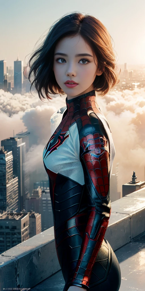 (1girl:1.3), Solo, (((Very detailed face)))), ((Very detailed eyes and face)))), Beautiful detail eyes, Body parts__, Official art, Unified 8k wallpaper, Super detailed, beautiful and beautiful, beautiful, masterpiece, best quality, original, masterpiece, super fine photo, best quality, super high resolution, realistic realism, sunlight, full body portrait, amazing beauty, dynamic pose, delicate face, vibrant eyes, (from the front), She wears Spider-Man suit, red and black color scheme, spider, very detailed city roof background, rooftop, overlooking the city, detailed face, detailed complex busy background, messy, gorgeous, milky white, highly detailed skin, realistic skin details, visible pores, clear focus, volumetric fog, 8k uhd, DSLR, high quality, film grain, fair skin, photo realism, lomography, futuristic dystopian megalopolis, translucent