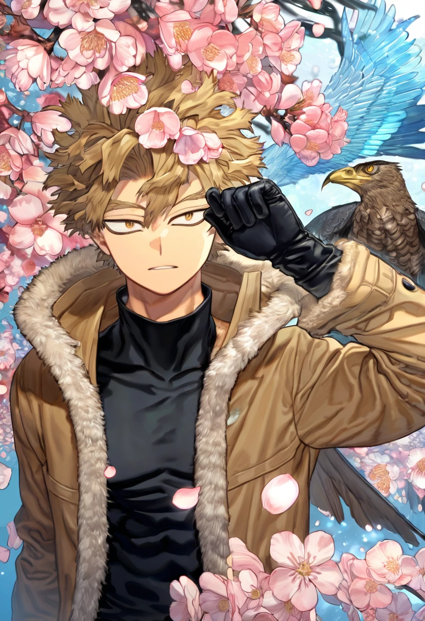 absurdres, highres, ultra detailed, HDR, master piece, Hawks, Takami Keigo, brown-blond hair, expressive brown-golden eyes, brown coat with fur, faint stubble, Boku No Hero Academia, sexy man, handsome, best quality, blossoms, pink petals, pink flowers, water, fantasy, magical, blue shining fireflies, solo, black shirt, toned chest, black gloves,