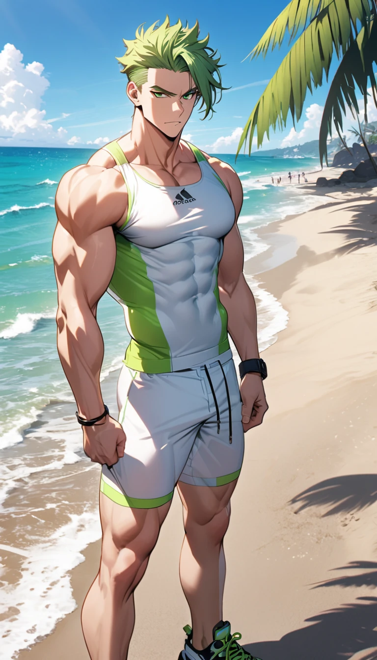 A muscular man wearing green and white fitness clothing,Cool hairstyle,Beach,